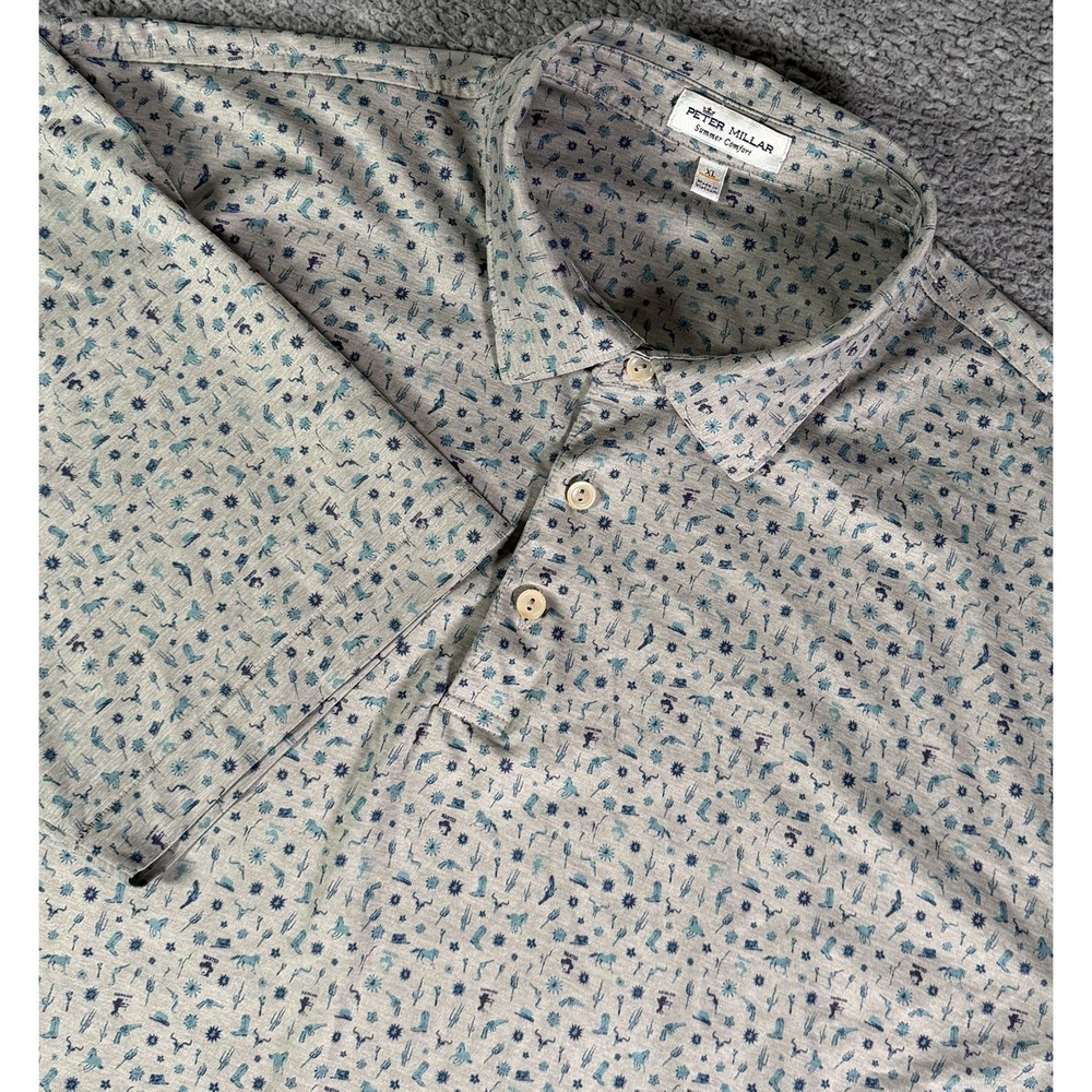 Peter Millar Golf Polo Summer Comfort Shirt Men XL Gray Cowboy Western Print AOP